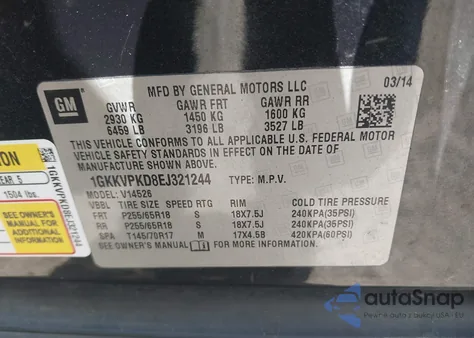 2014 GMC Acadia Sle-2 z USA, uszkodzony, nr VIN 1GKKVPKD8EJ321244